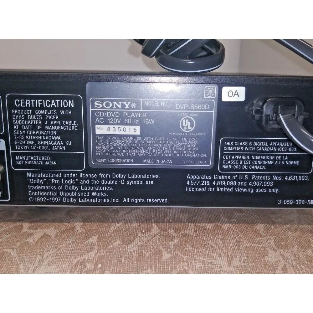 Sony CD/DVD Player DVP-S560D Dolby Digital 5.1 Output Tested WORKS No Remote
